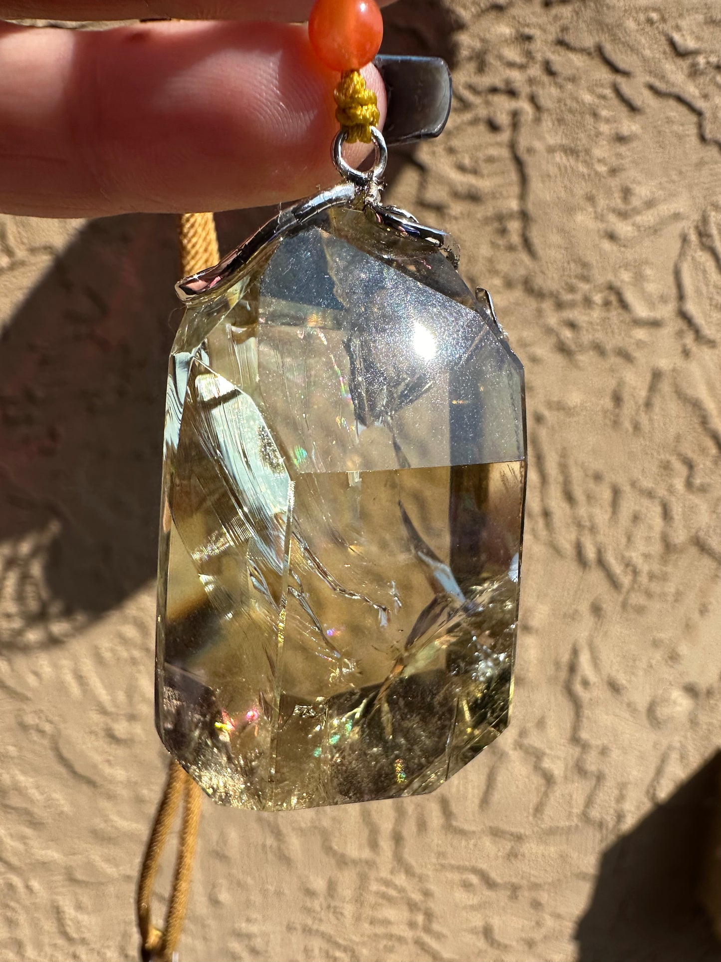 Citrine with Rainbow Pendant & Gold Cord Necklace