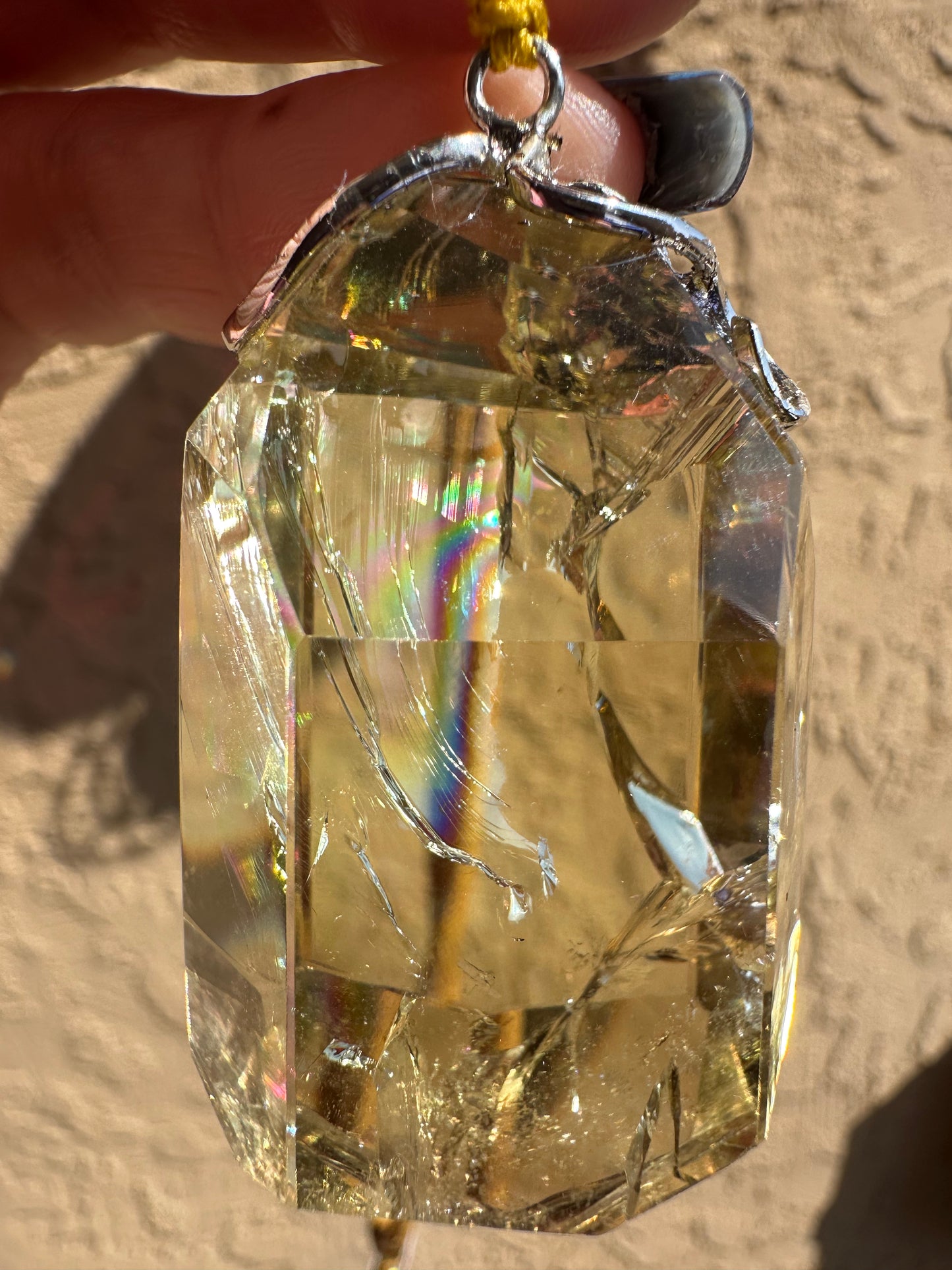 Citrine with Rainbow Pendant & Gold Cord Necklace