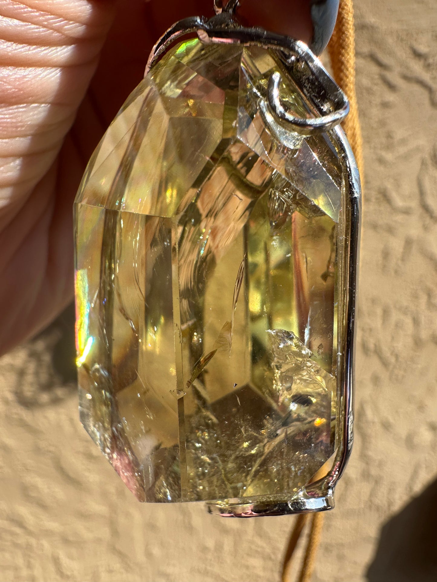 Citrine with Rainbow Pendant & Gold Cord Necklace