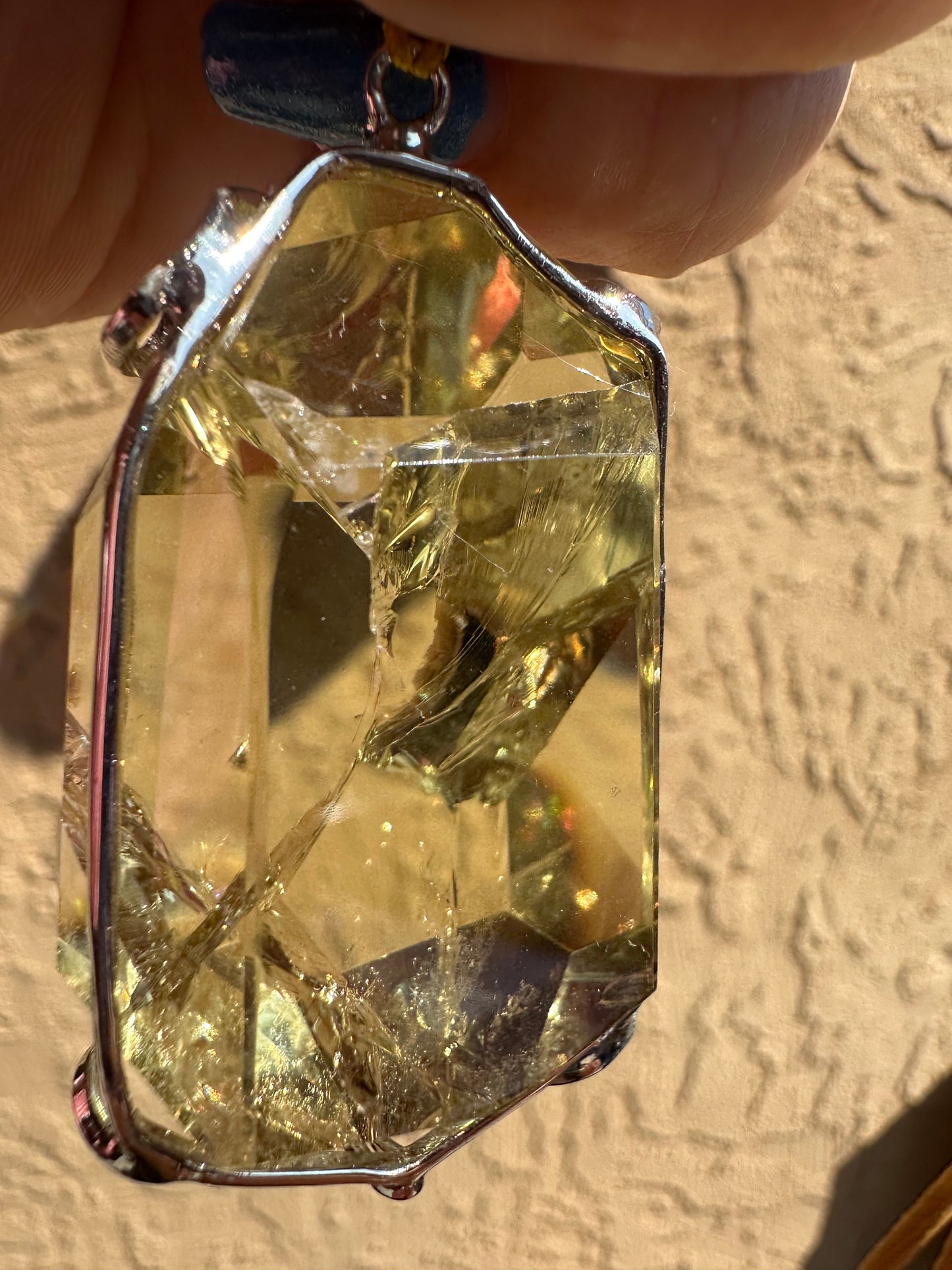 Citrine with Rainbow Pendant & Gold Cord Necklace