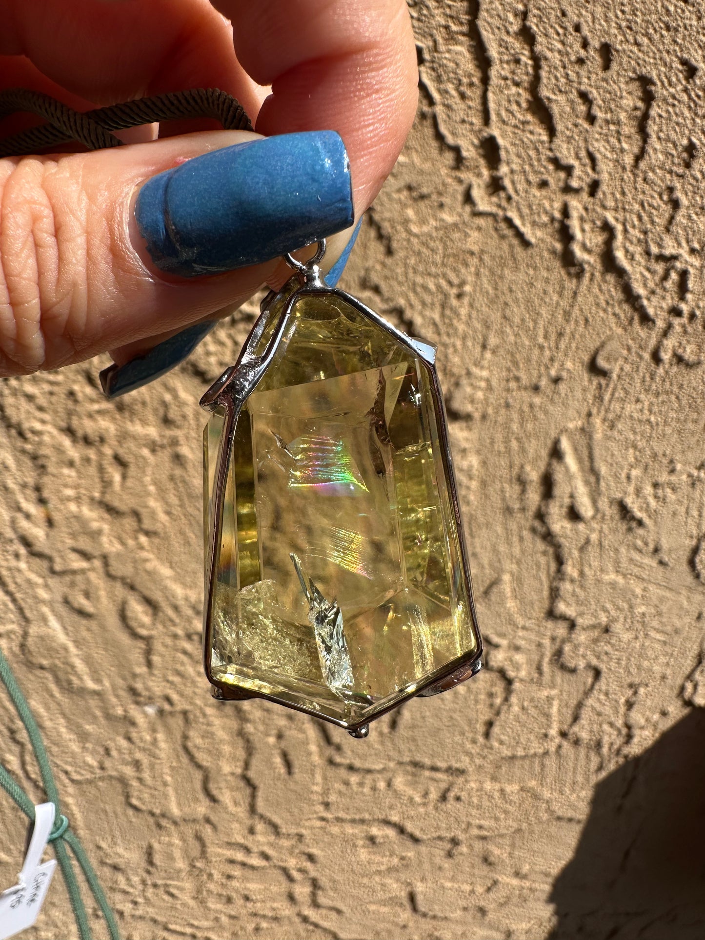 Citrine with Rainbow Pendant & Sage Cord Necklace