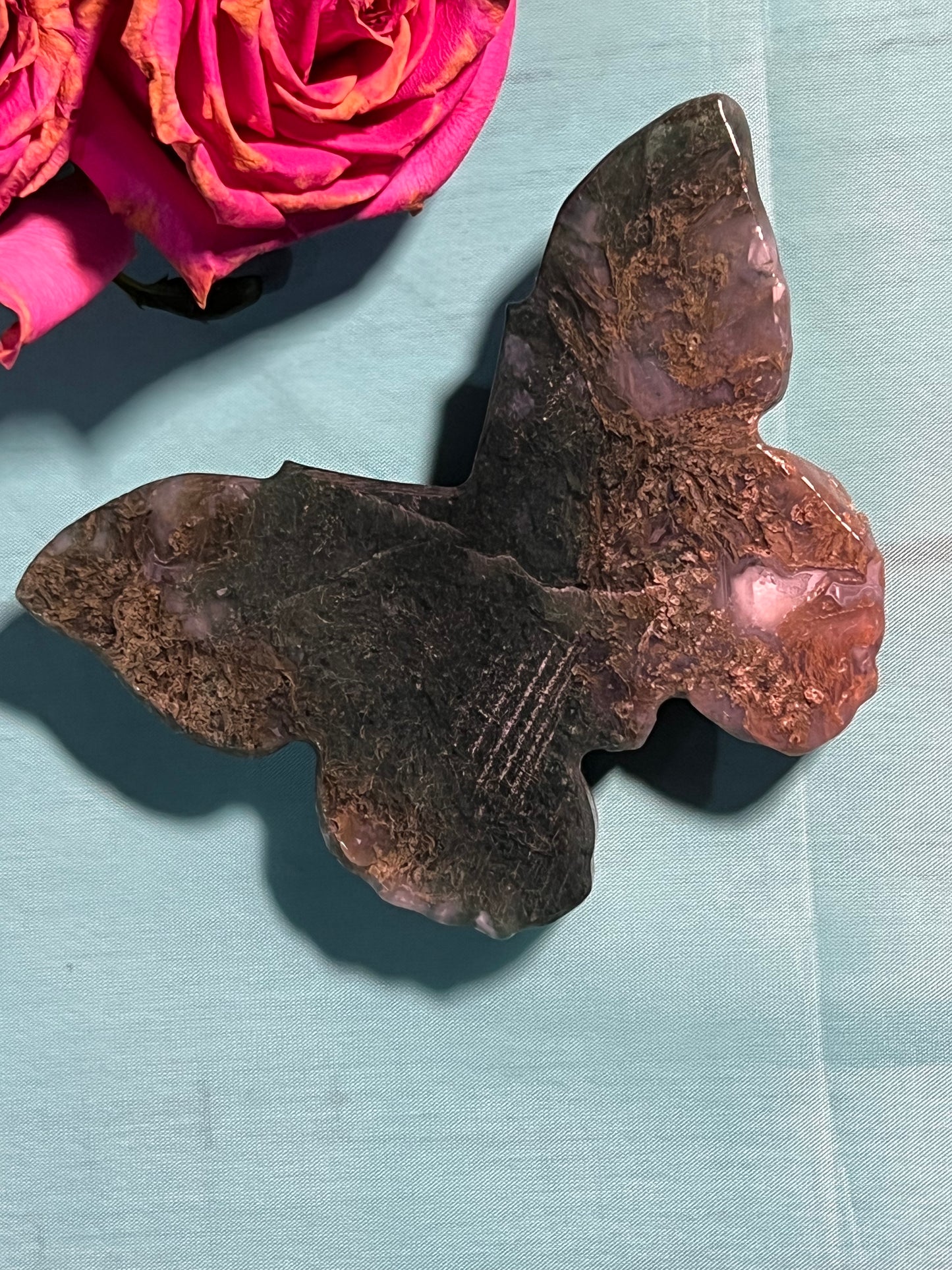 Moss Agate Butterfly Skull Carving