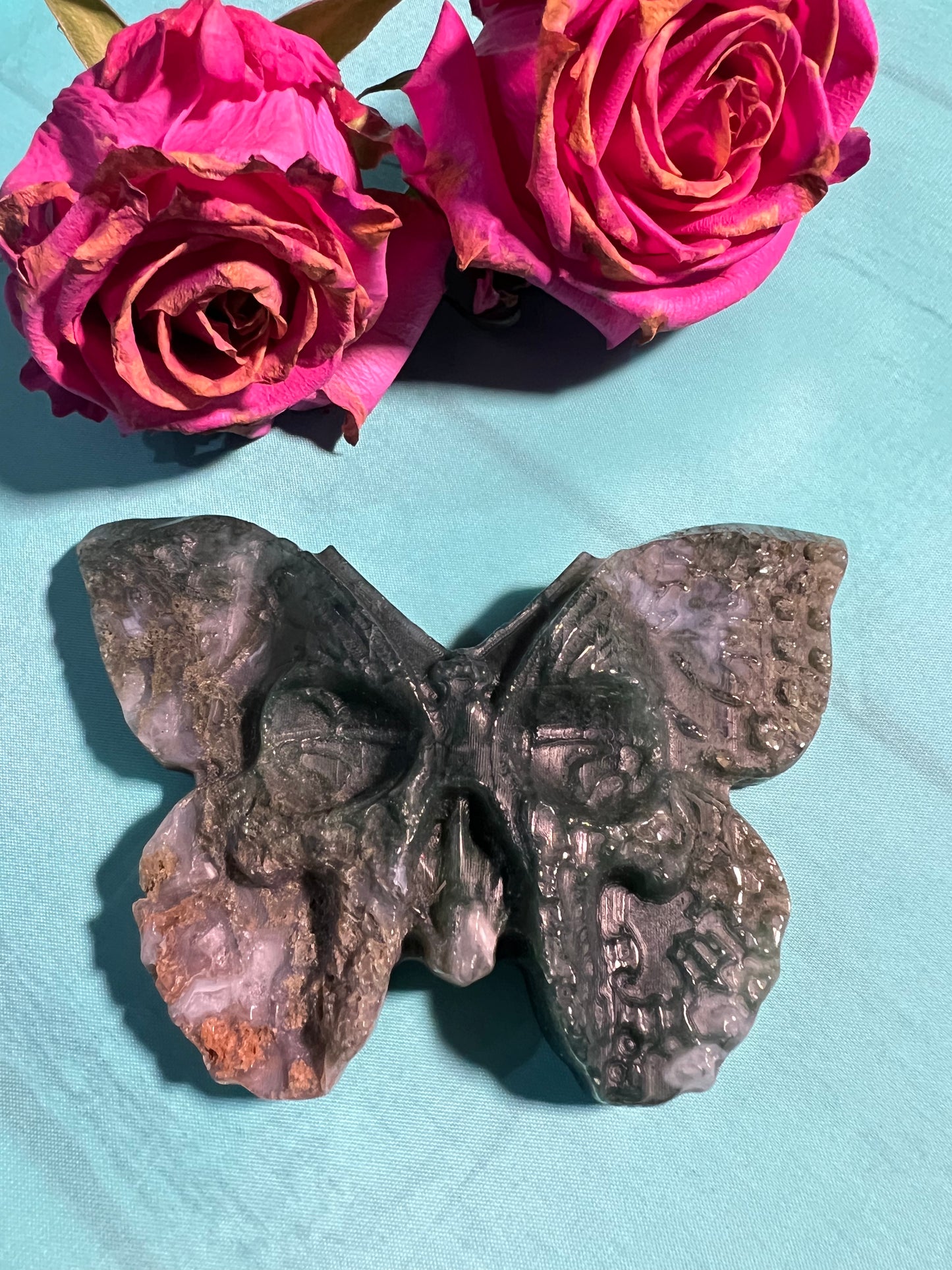 Moss Agate Butterfly Skull Carving