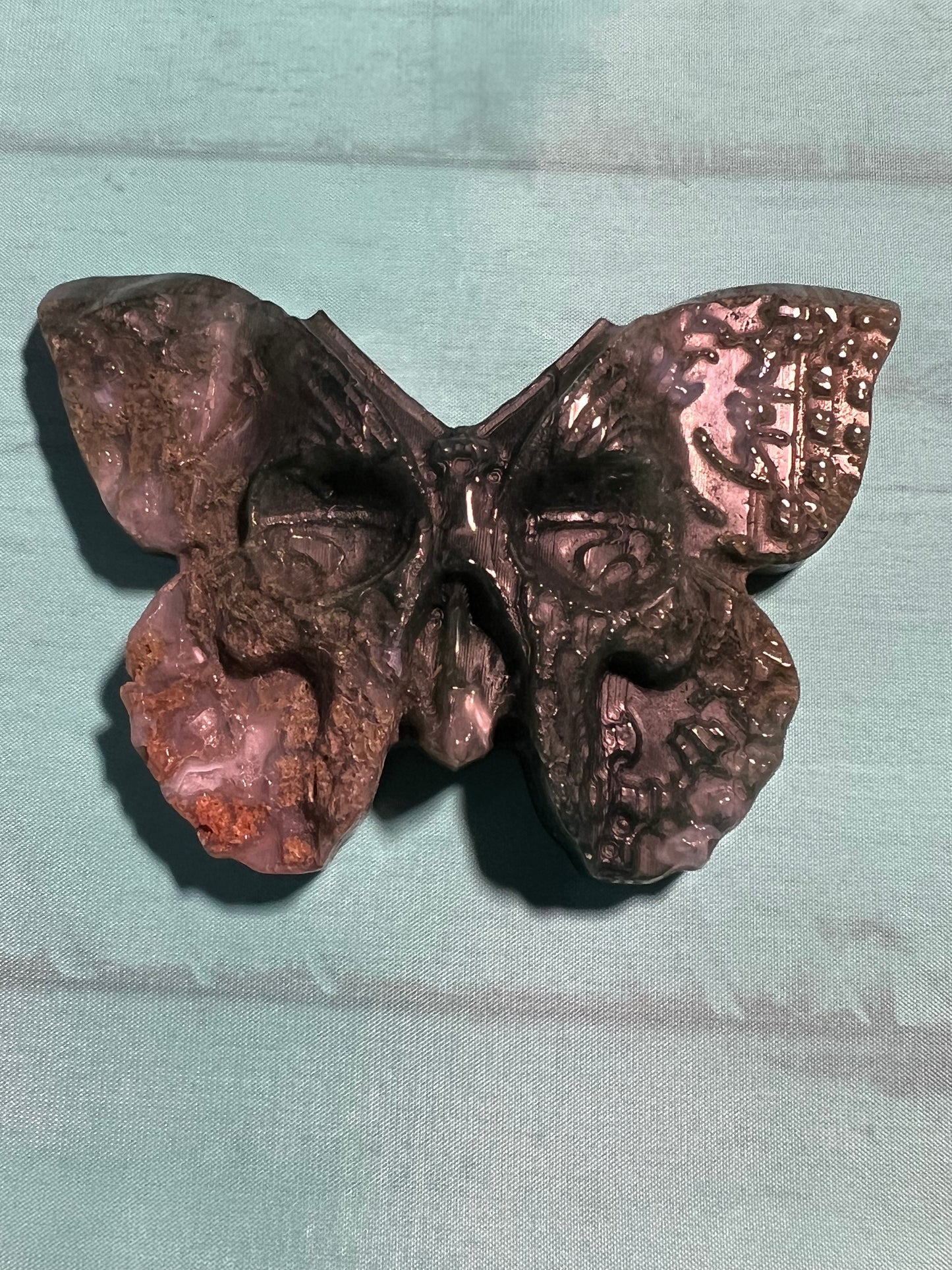 Moss Agate Butterfly Skull Carving