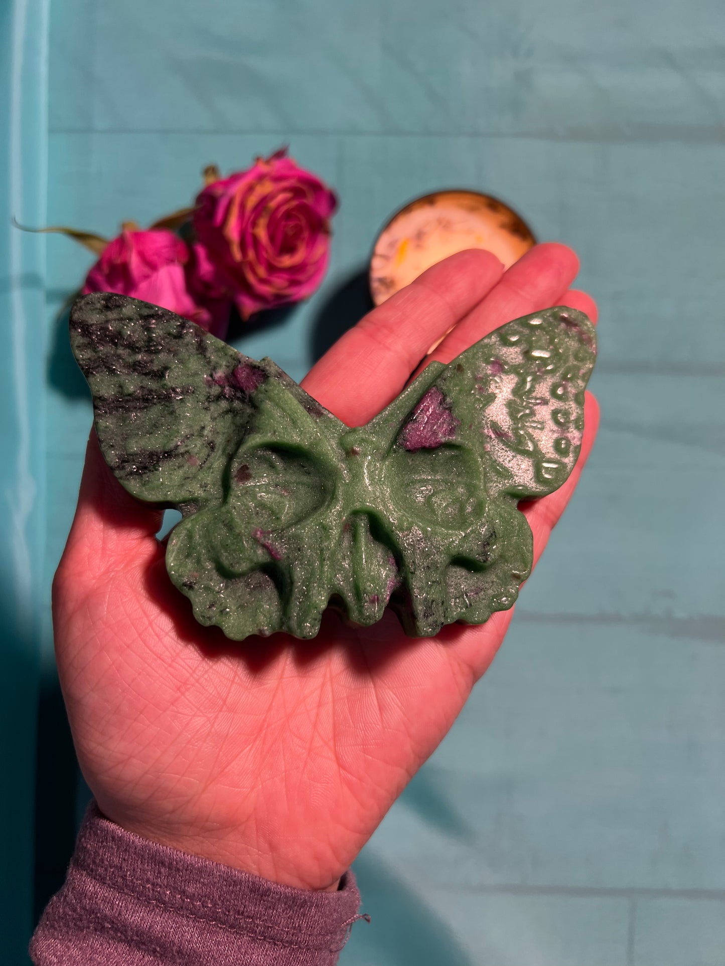 Ruby Zoisite Butterfly Skull Carving