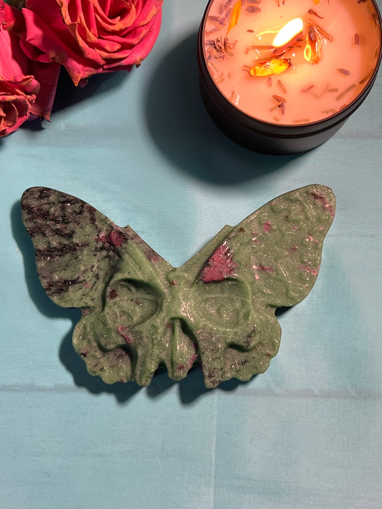 Ruby Zoisite Butterfly Skull Carving