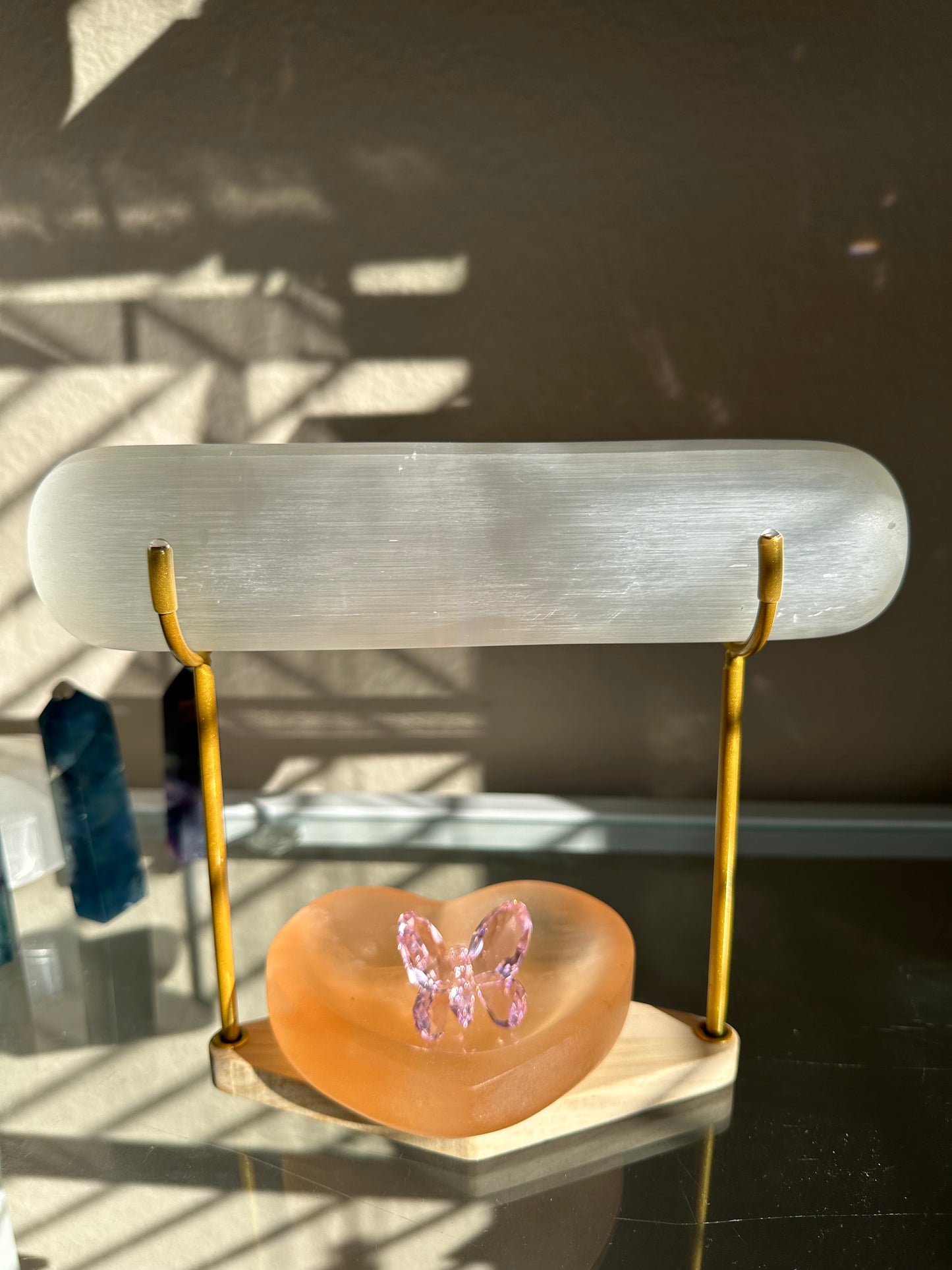 Selenite Bracelet Holder with Orange Heart Selenite Bowl