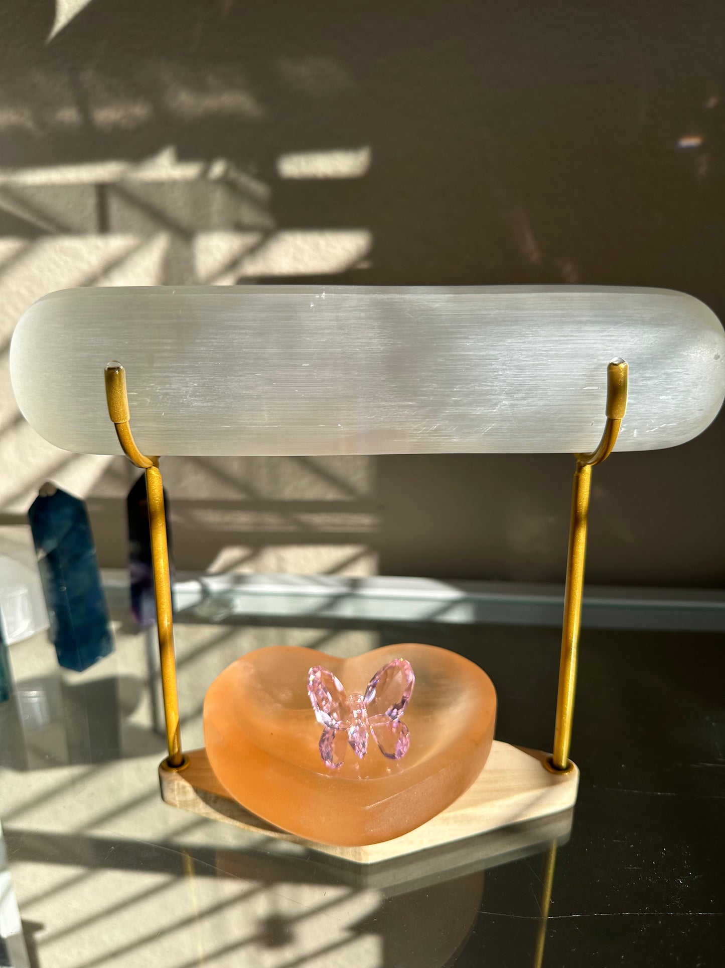 Selenite Bracelet Holder with Orange Heart Selenite Bowl