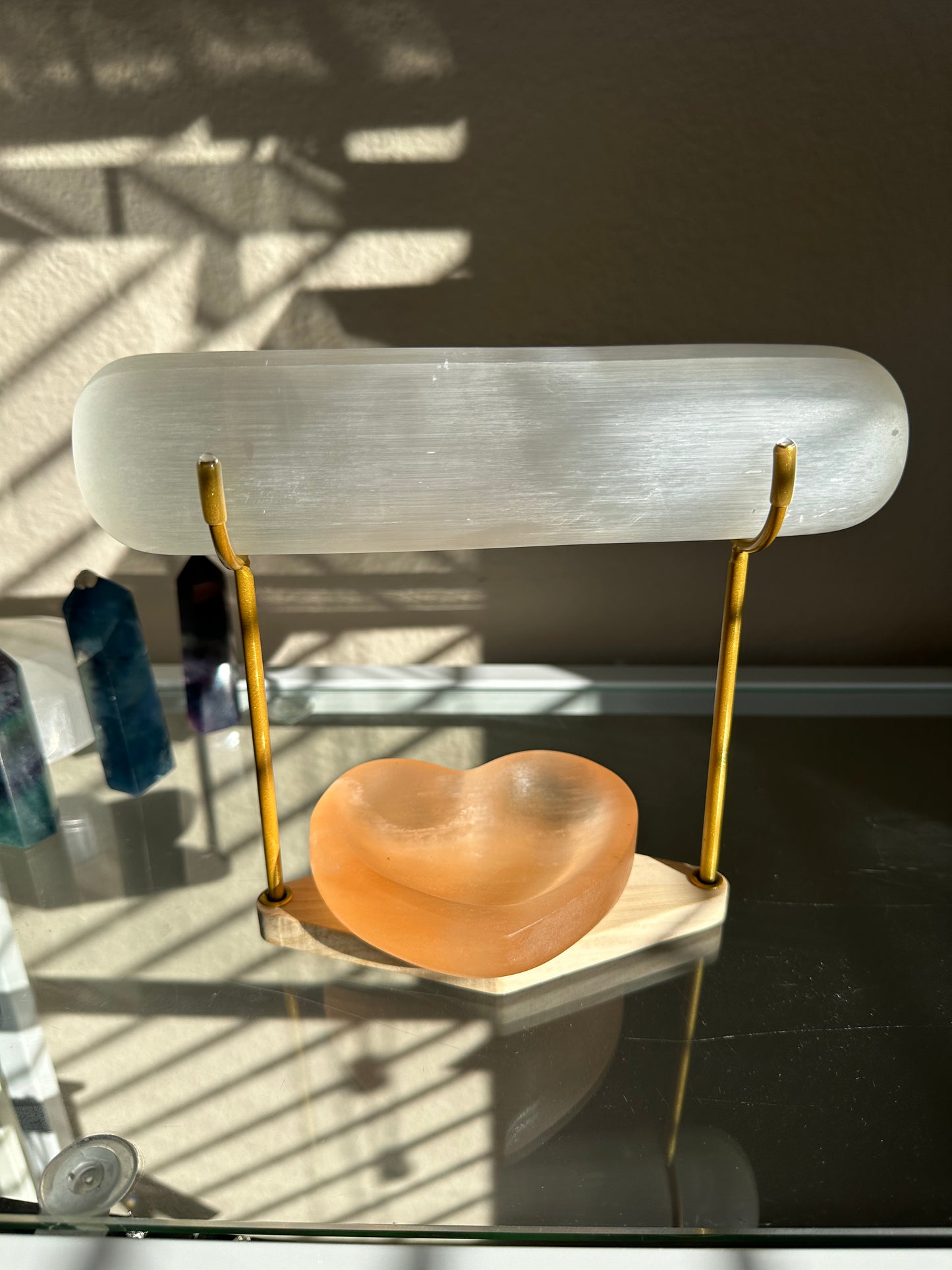 Selenite Bracelet Holder with Orange Heart Selenite Bowl