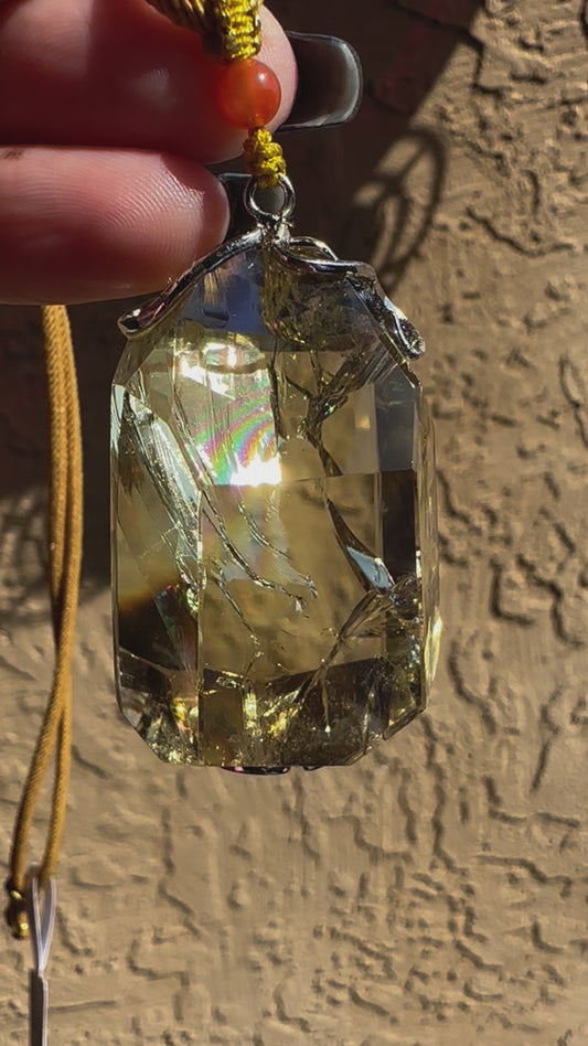 Citrine with Rainbow Pendant & Gold Cord Necklace